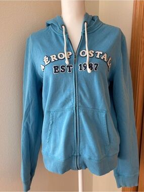 Y2K Aeropostale Light Blue Zip-Up Hoodie Jacket with Drawstring